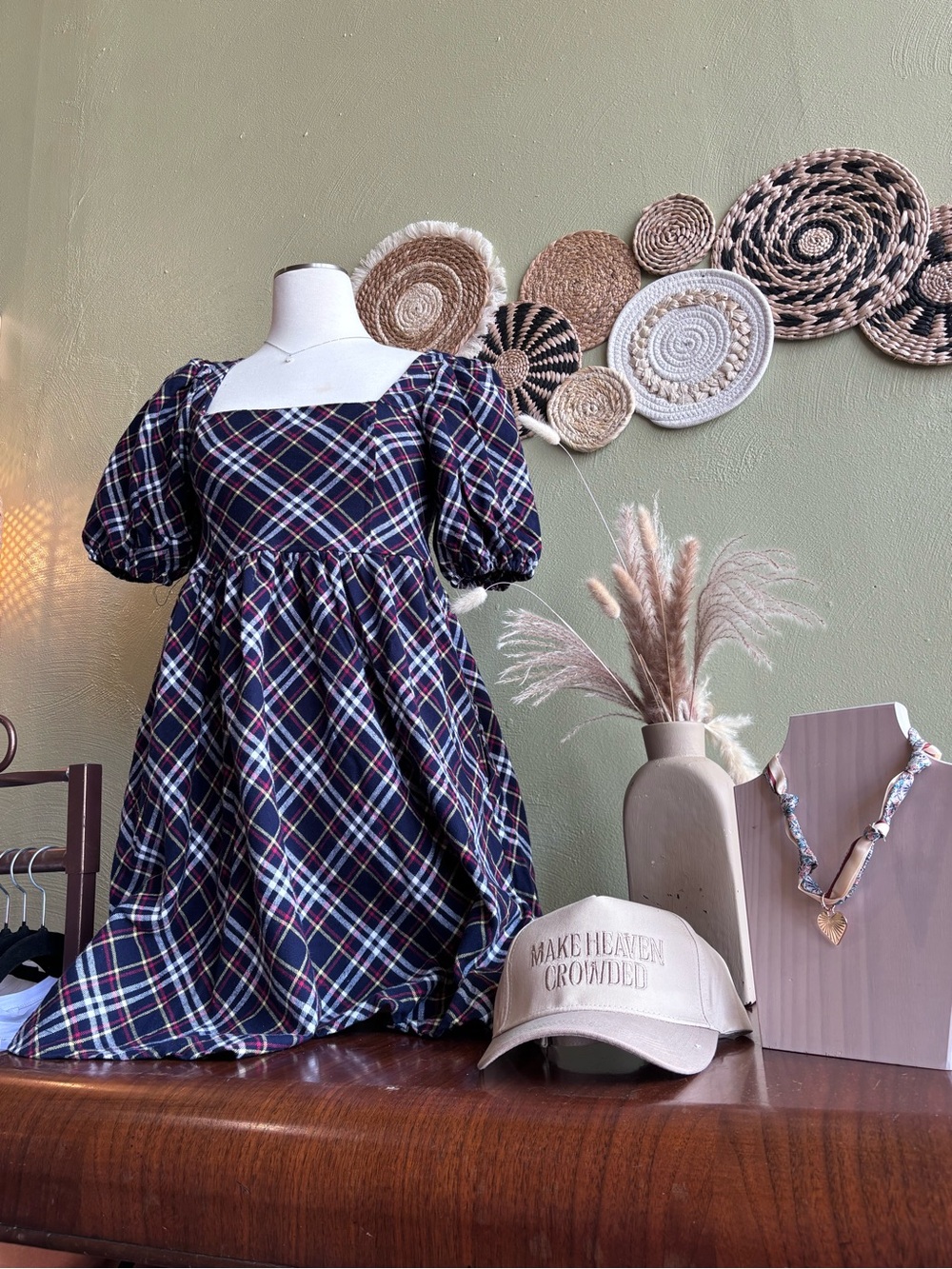 Navy Plaid Puff-Sleeve Dress
